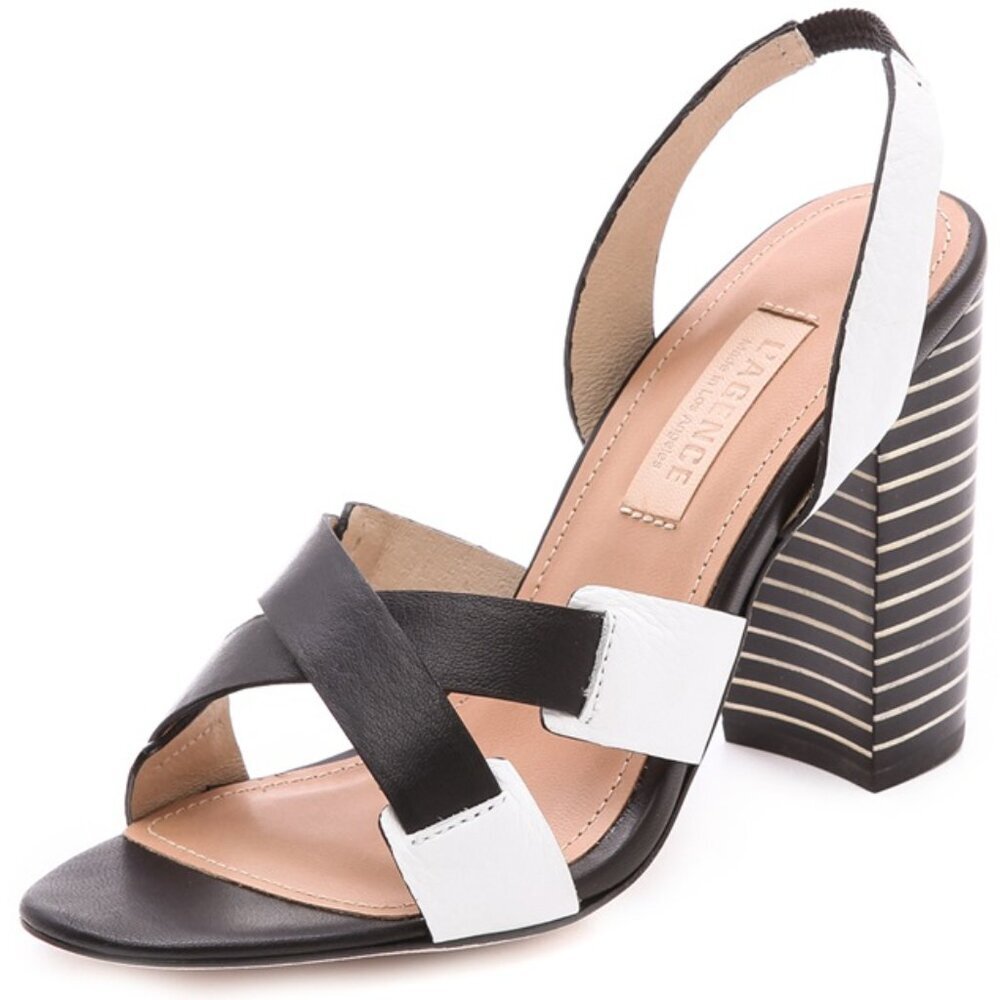 L'AGENCE Contrast Striped Heel Sandals 7.5 Black White Criss Cross Straps
